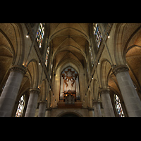 Linz, Maria-Empfngnis-Dom, Hauptorgel ('Rudigierorgel') an der Nordwand und Obergaden des Hauptschiffs