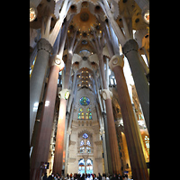 Barcelona, La Sagrada Familia, Blick vom Evangeliumsportal am sdwestlichen Querhaus zum nordstlichen Portal