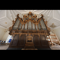 Regensburg, Dreieinigkeitskirche, Orgel mit Spieltisch perspektivisch
