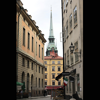 Stockholm, Deutsche St. Gertruds-Kirche, Blick vom Trngsund auf den Kirchturm