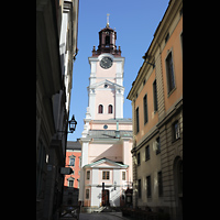 Stockholm, Domkyrka (S:t Nicolai kyrka, Storkyrkan), Blick vom Trngsund auf den Kirchturm