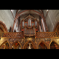 Strasbourg (Straburg), Saint-Pierre-le-Jeune Protestant, Gotischer Lettner mit Darsteollung der vier Evangelisten, darber die Orgel