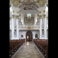 Steingaden, Wieskirche - Wallfahrtskirche zum gegeielten Heiland, Innenraum in Richtung Orgel
