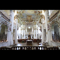 Steingaden, Wieskirche - Wallfahrtskirche zum gegeielten Heiland, Blick vom Chorraum zur Orgel