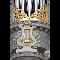 Amsterdam, Westerkerk, Harfen-Ornament auf der Mitte des Rcjkpositivprospekts